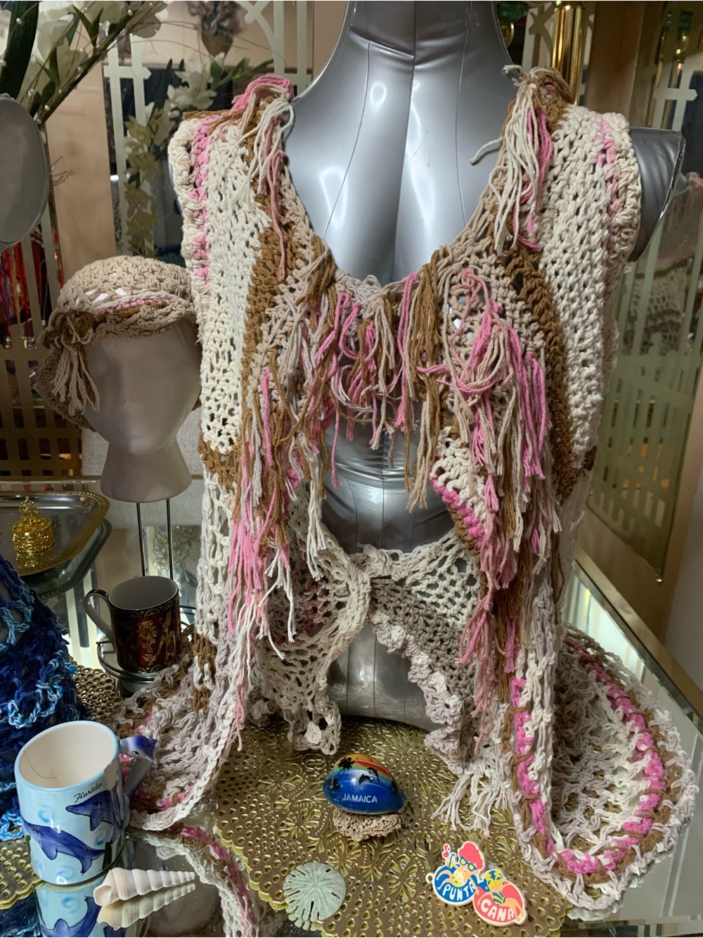 OOAK Handmade ‘Chi-Shawl Co’ Crochet Fringe Vest in Cream, Tan & Pink Summer Set
